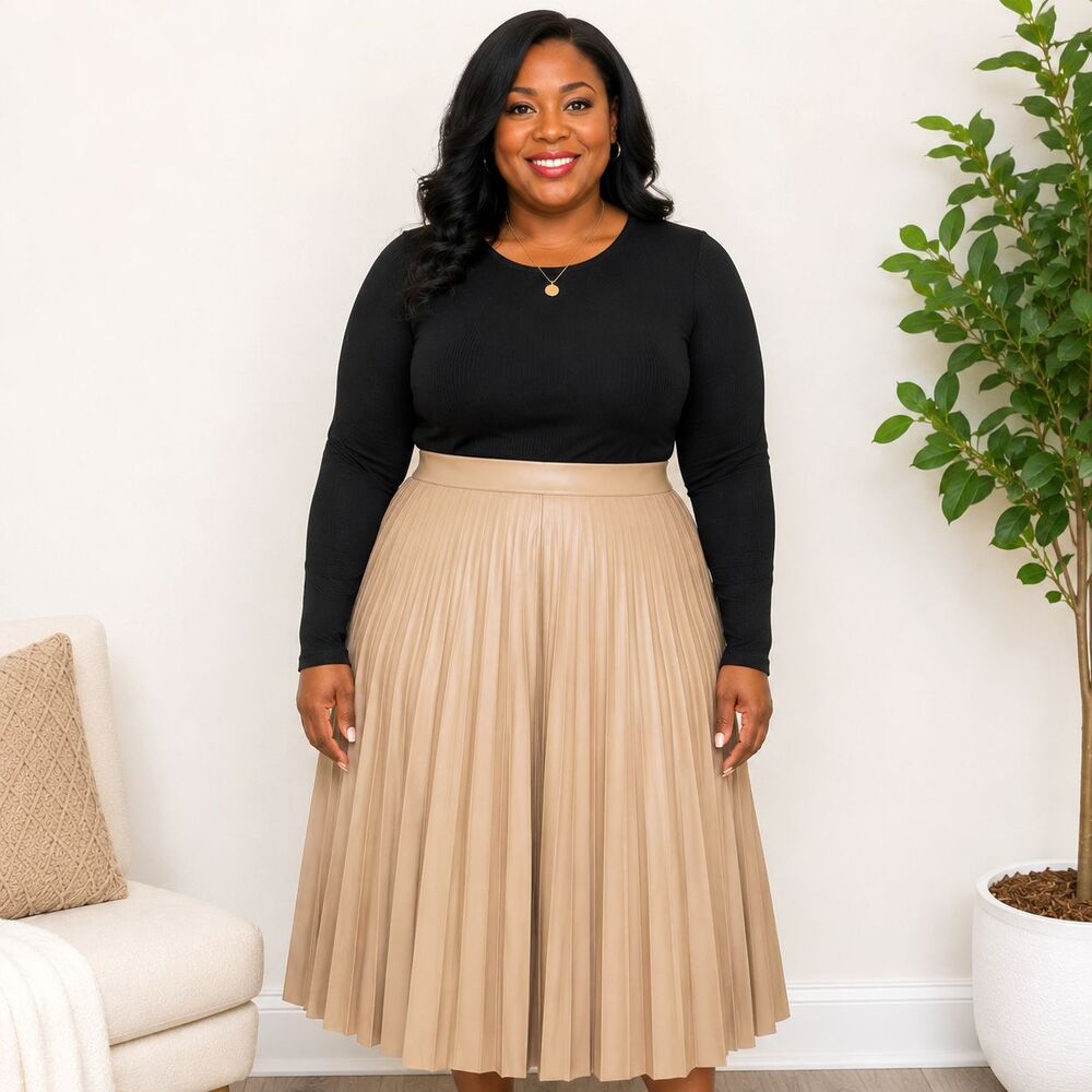 Pleated Faux Leather Midi Skirt Neutral Beige Minimalist Office XL 16-18